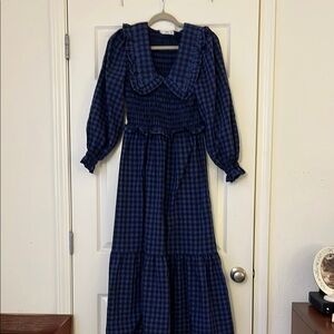 Blue maxi gown with tiered ruffled design long bishop sleeves and sailor collar